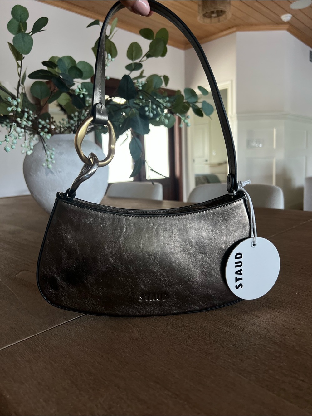 STAUD Metallic Pewter Mini Shoulder Bag with Gold Ring